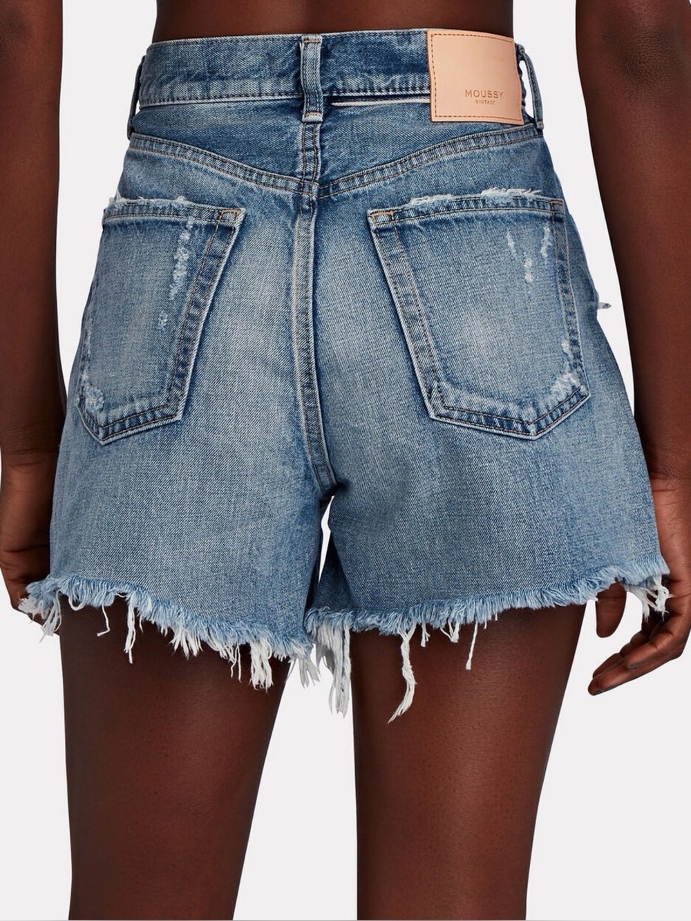 Moussy Frayed Hem Distressed Denim Shorts - Light Blue